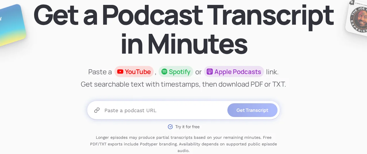Podtyper podcast transcript form with public episode URL input and free export allowance explanation