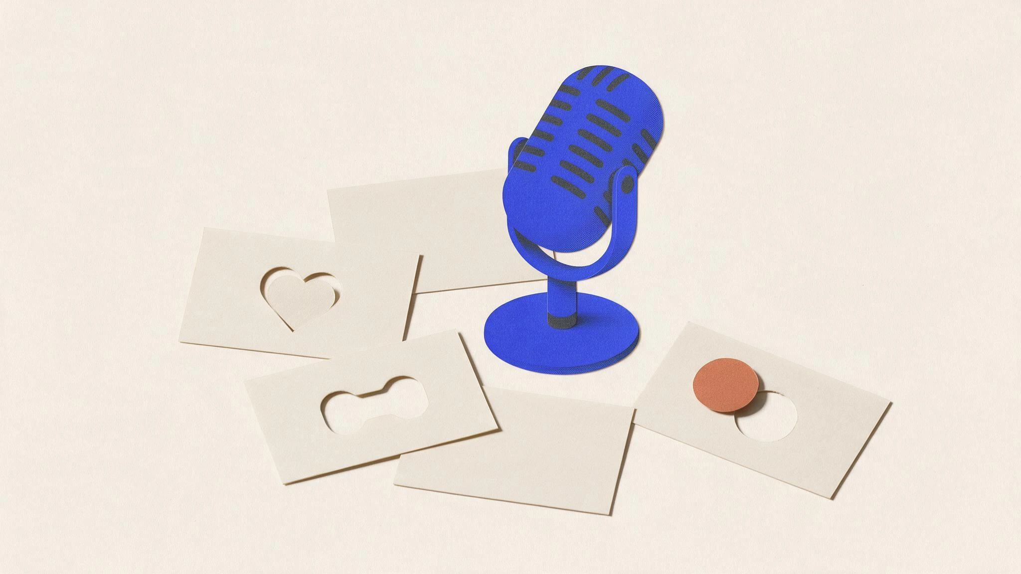 Editorial paper illustration of a microphone and matching index-card tokens, with one token out of place.