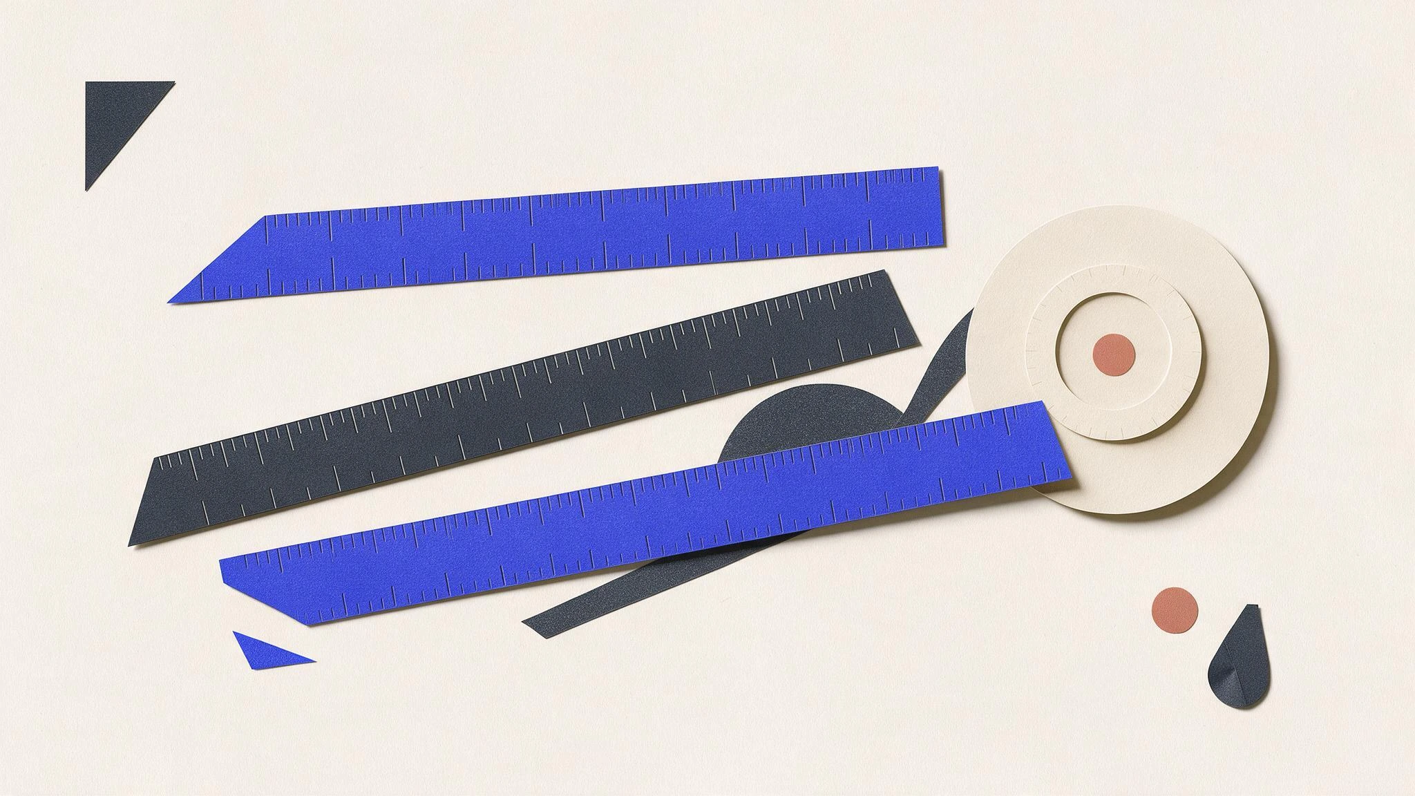 Editorial illustration of three unlabelled measuring strips with different divisions beside an audio reel.